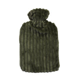 Plush 2L olive hot water bottle with velour stripe cover, perfect for cozy warmth and comfort in winter.