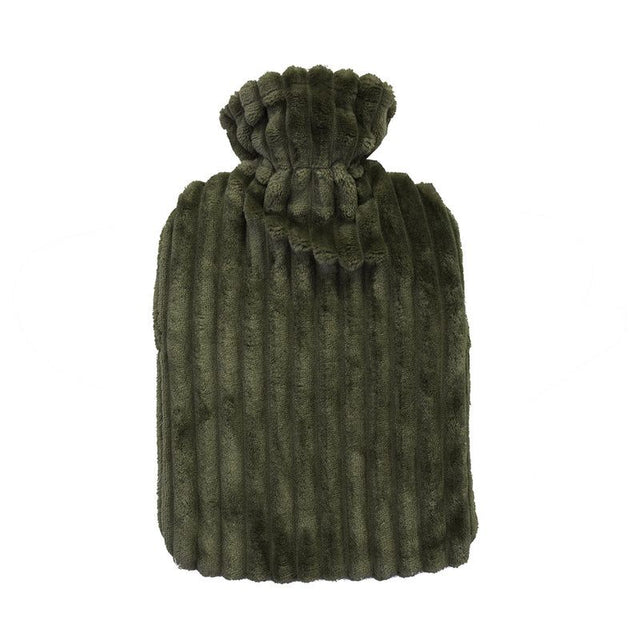 Plush 2L olive hot water bottle with velour stripe cover, perfect for cozy warmth and comfort in winter.