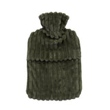 Olive plush hot water bottle with a velour stripe cover, perfect for warmth and comfort on cold winter nights.
