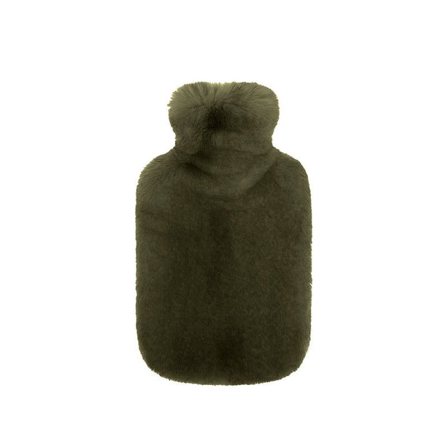 Frida Faux Fur Hot Water Bottle in Olive, featuring soft fur, 2L capacity, perfect for warmth and cozy decor.