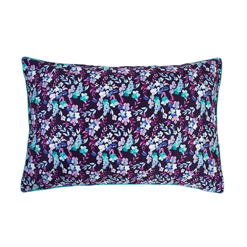 King Duvet Cover Set Evelyn featuring hand-painted floral design in purple, blue, and aqua green on luxurious cotton sateen.