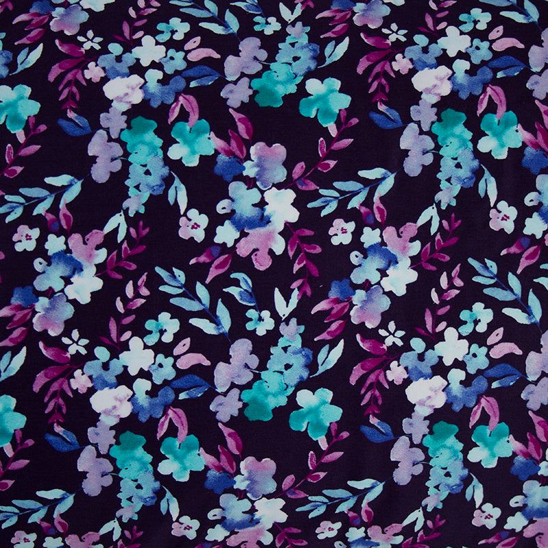 King Duvet Cover set with hand-painted floral design in purple, blue, and aqua green on luxurious cotton sateen fabric.