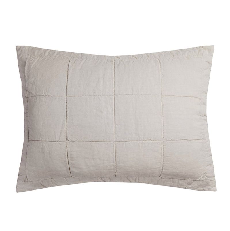 Linen quilted pillow sham in pebble, featuring a textured square pattern for luxe comfort and style in any bedroom decor.