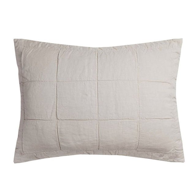 Linen quilted pillow sham in pebble, featuring a textured square pattern for luxe comfort and style in any bedroom decor.