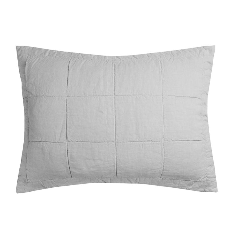 Silver linen quilted pillow sham featuring a large square pattern, crafted from 100% French Flax for softness and durability.