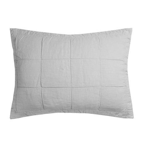 Silver linen quilted pillow sham featuring a large square pattern, crafted from 100% French Flax for softness and durability.