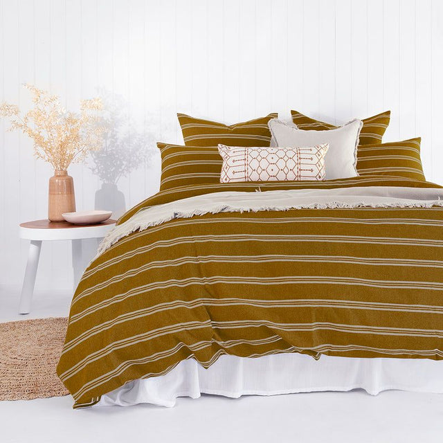 King duvet cover set in Tobacco with a woven stripe pattern, made from pre-washed cotton for a soft, luxurious feel.