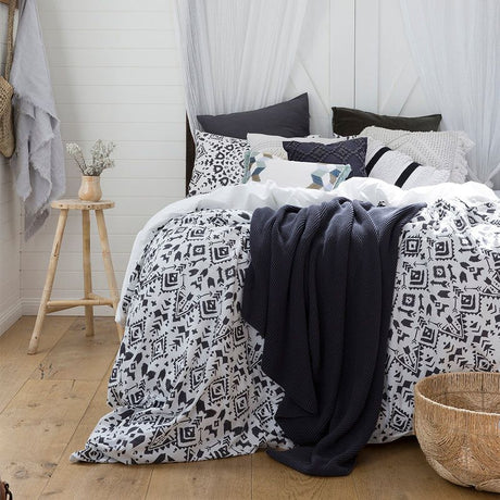 Queen Duvet Cover - Quilt Set Salta featuring a charcoal Aztec design on soft light stone washed cotton for a cozy bedroom upgrade.