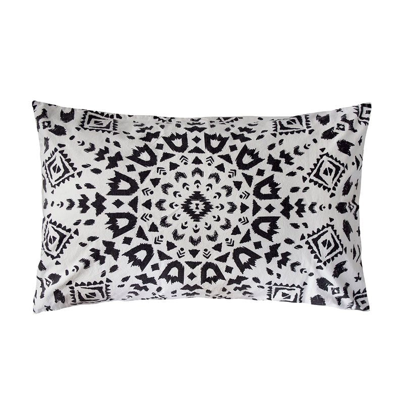 Queen duvet cover featuring a stylish round charcoal Aztec design on soft light stone cotton for a serene bedroom aesthetic.