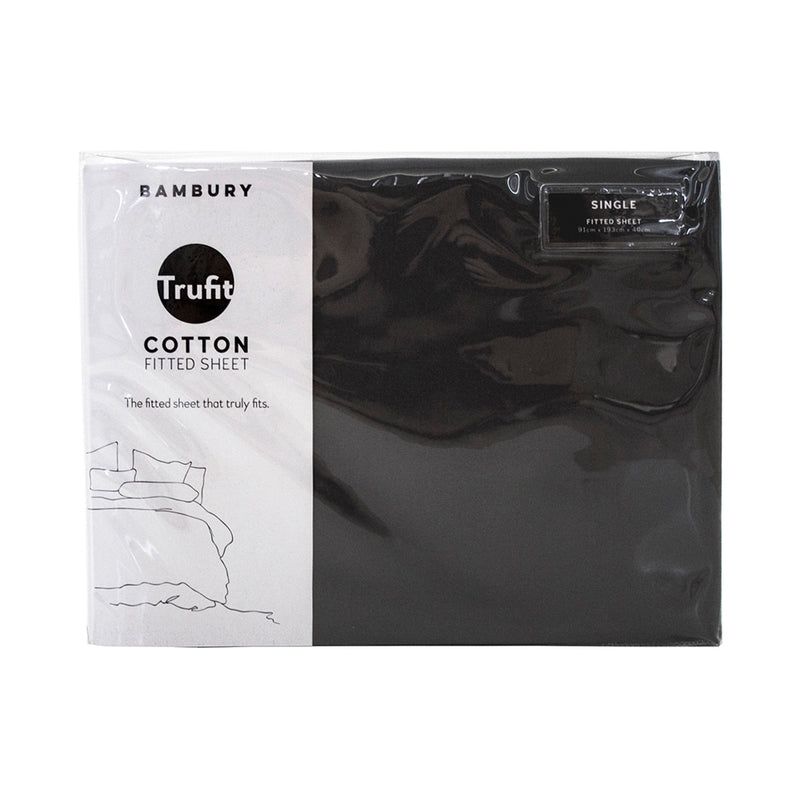 Single Tru Fit Fitted Sheet in Charcoal featuring 100% cotton, designed for snug fit on deep mattresses.