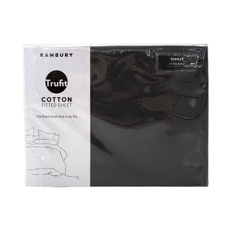 Single Tru Fit Fitted Sheet in Charcoal featuring 100% cotton, designed for snug fit on deep mattresses.