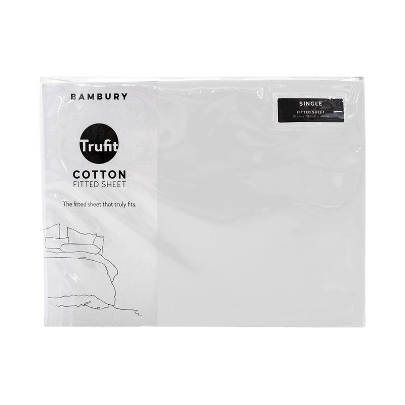 Single Tru Fit Fitted Sheet in white, featuring high-quality cotton and extra-wide elastic for a secure, snug fit.