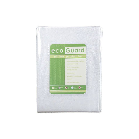 Eco-Guard Pillow Protector made from soft bamboo viscose, waterproof and breathable, offers anti-bacterial protection and dust mite defense.