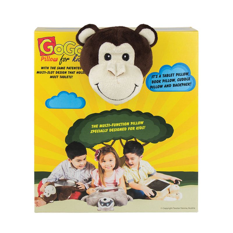 Go-Go Pillow for Kids Monkey, a multifunctional, cozy pillow for tablet, books, and cuddling, featuring a playful monkey design.