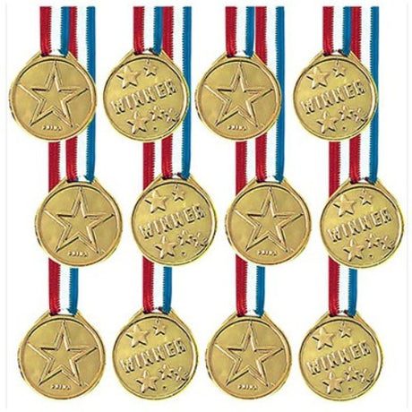 Colorful pack of 12 Award Ribbon Winner Medals for celebrating achievements at events and competitions.