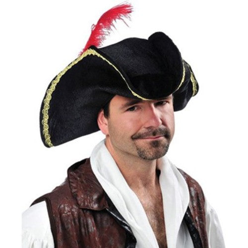 Black velour pirate hat with gold trim and feather, perfect for costumes and themed events, fits most adults.