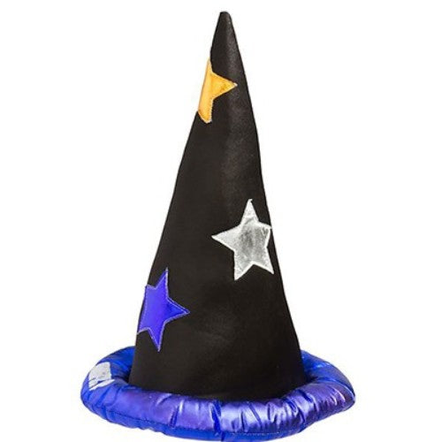 Black wizard hat adorned with shiny stars, perfect for magical costumes and themed events. One size fits most.