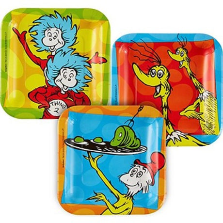 Colorful square paper plates featuring Dr Seuss characters, perfect for parties; pack of 8, 18cm size.