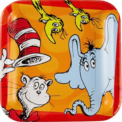 Colorful Dr Seuss square dinner plates, 23cm, pack of 8, perfect for fun-themed parties and easy serving.