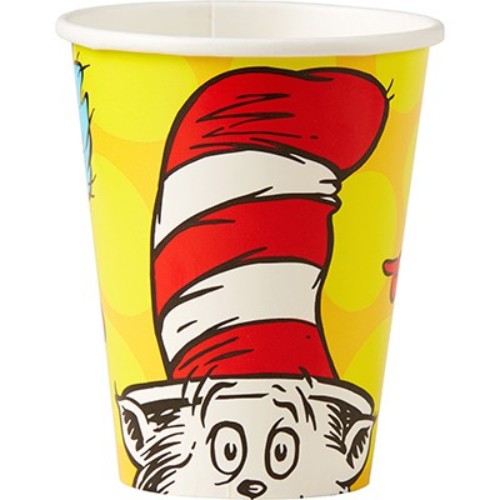 Colorful Dr Seuss paper cups (266ml, pack of 8) ideal for children's parties, featuring beloved characters and eco-friendly design.