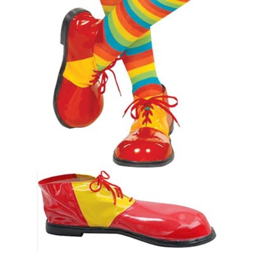 Bright red and yellow clown shoes, 35cm, lace-up design, durable rubber sole, perfect for performances and festive events.