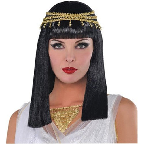 Luxurious Egyptian Queen wig with flowing hair and decorative headpiece for costume parties and themed events.