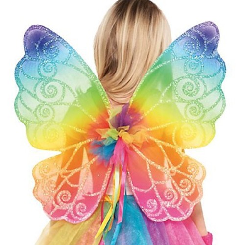 Glittery rainbow fairy wings for kids, measuring 48cm x 48cm, perfect for dress-up and imaginative play.