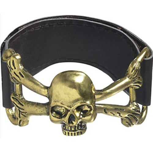 Pirate skull cuff bracelet in faux leather featuring adjustable design and a striking metallic skull detail for bold style.