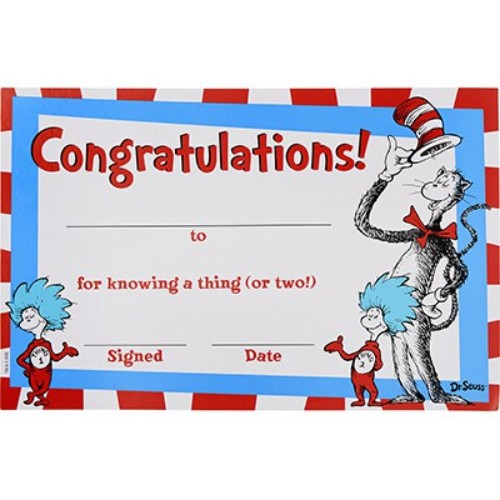 Colorful Dr Seuss Cat in the Hat certificates for celebrating achievements, perfect for schools and parties. Pack of 12.