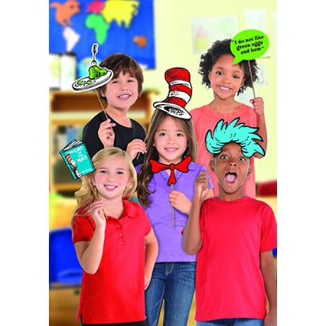 Colorful Dr Seuss photo prop kit featuring 13 iconic characters and quotes, perfect for playful celebrations and memorable photos.