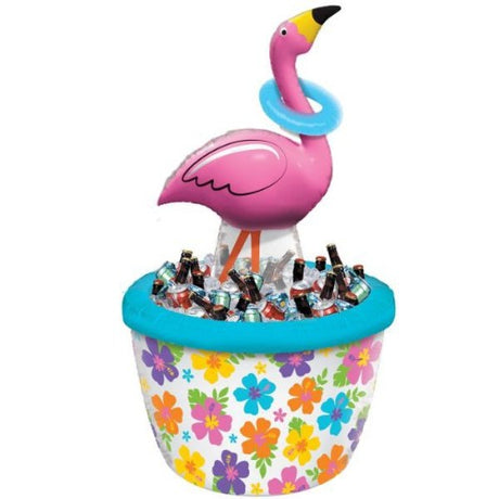 Bright inflatable flamingo drink cooler (1.34m) with two 19cm rings for fun summer ring toss games at parties.