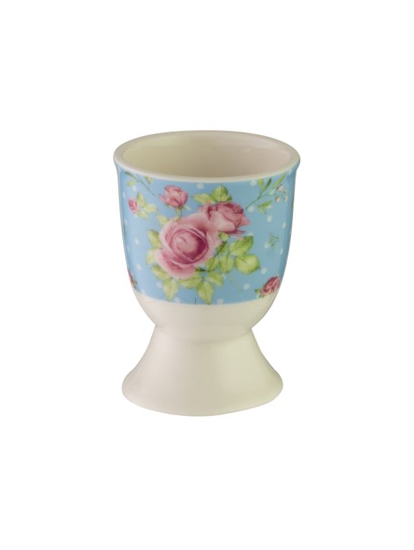 Charming Rose Blue egg cup featuring a playful bunny design, crafted from durable stoneware, perfect for serving eggs.