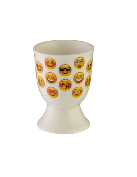 Avanti Egg Cup featuring playful emoji designs, durable stoneware, glossy finish, ideal for fun breakfast serving.