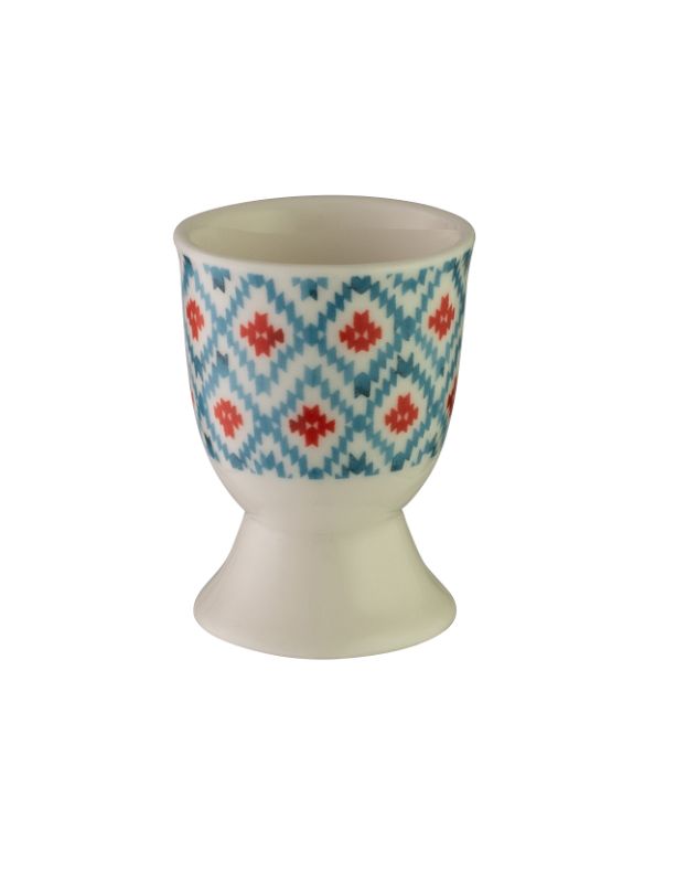 Avanti Ikat Egg Cup in vibrant colors, made of durable stoneware, perfect for serving soft or hard-boiled eggs stylishly.