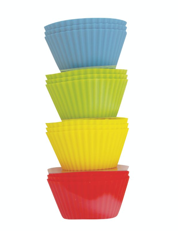 Colorful set of 12 Avanti silicone muffin cups, reusable, stain-resistant, withstands up to 240°C, perfect for eco-friendly baking.