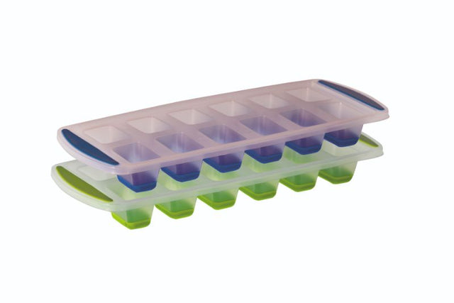 Set of 2 BPA-free silicone ice cube trays, perfect for making ice, jelly, chocolates, and more, dishwasher safe.