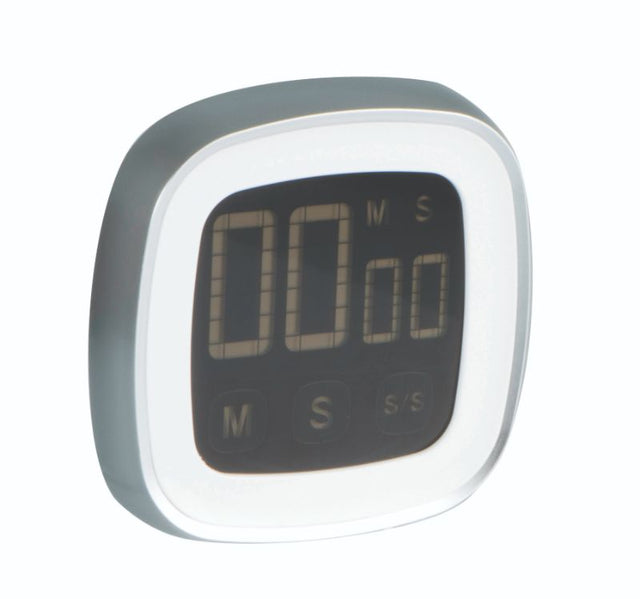 Sleek EM258 TScreen Timer with LCD touch screen, 99:59 countdown, loud alarm, and strong magnetic backing for kitchen use.