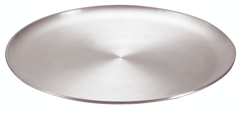 Aluminium pizza tray, 36cm diameter, lightweight design for even baking and easy hand wash cleanup. Perfect for homemade pizzas.