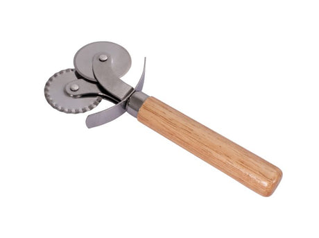 Avanti Dual Pastry Cutting Wheel with stainless steel blades and wooden handle for precise dough cutting and fluted edges.