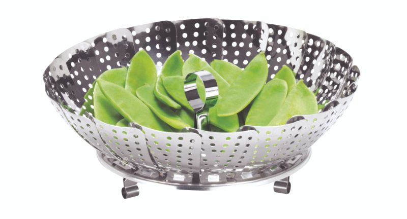 Collapsible 24cm stainless steel steamer basket for healthy cooking, perfect for steaming vegetables and easy storage.