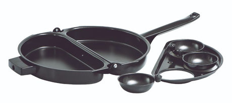 Foldable omelette pan with non-stick coating and removable poachers, perfect for cooking omelettes and poached eggs.