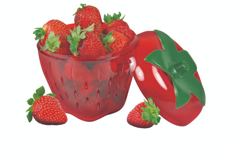 Strawberry-shaped storage with ventilation holes; keeps berries fresh and doubles as a colander for rinsing.