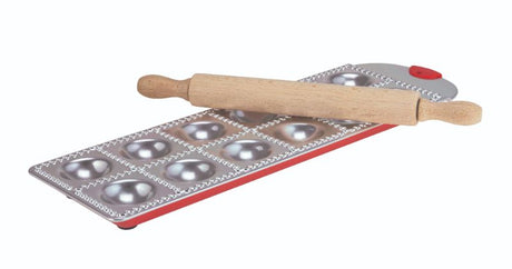 AVANTI Ravioli Making Tray Set featuring a durable tray and rolling pin for authentic homemade ravioli.