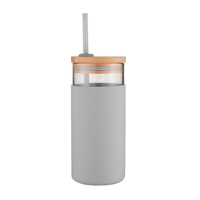 Avanti Glass Smoothie Tumbler 580ml in grey, made of durable borosilicate glass with a non-slip sleeve and reusable straw.