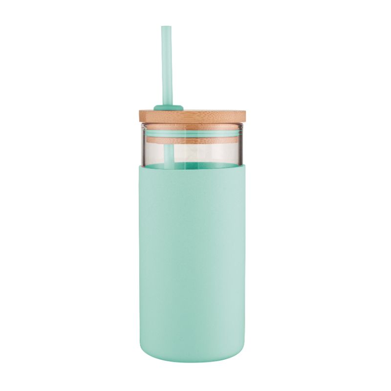 Avanti Glass Smoothie Tumbler in Mint, 580ml, with silicone sleeve, reusable straw, and stylish borosilicate design.