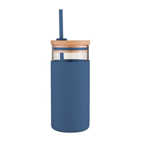 Avanti Glass Smoothie Tumbler 580ml in navy, made of durable borosilicate glass with protective sleeve and reusable straw.