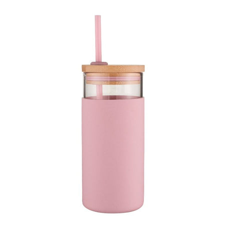 Pink Avanti Glass Smoothie Tumbler 580ml with reusable straw and grip sleeve, perfect for on-the-go healthy drinks.