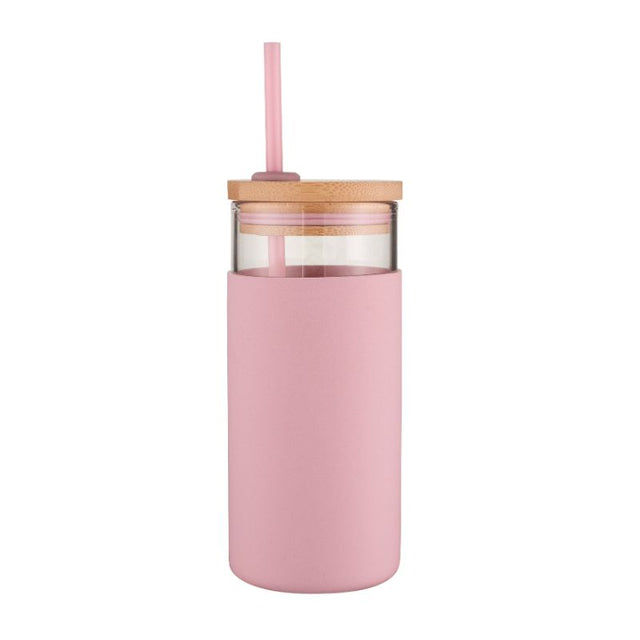 Pink Avanti Glass Smoothie Tumbler 580ml with reusable straw and grip sleeve, perfect for on-the-go healthy drinks.