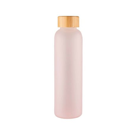 Stylish 50ml frosted pink glass water bottle with bamboo cap, velvet texture, and eco-friendly design for hydration on-the-go.