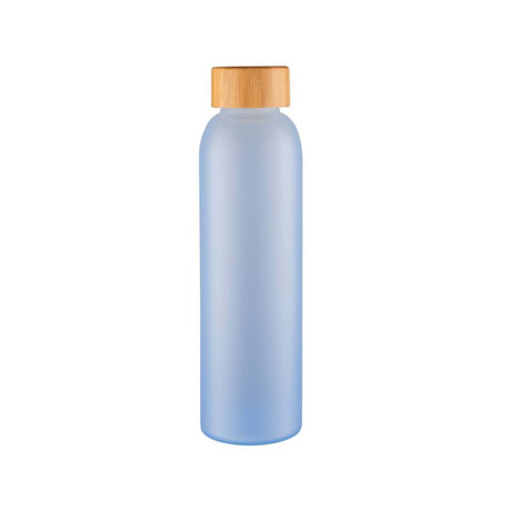 Frosted blue Avanti Velvet Glass Bottle 550ml with a luxurious texture and leak-proof bamboo cap for stylish hydration.